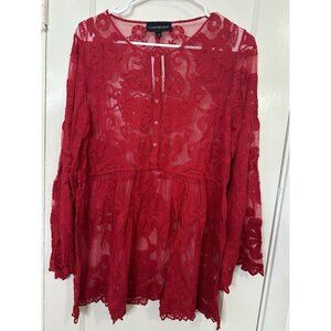 Lane Bryant Red Long Sleeve Lace Lined Blouse Top Shirt Size 12